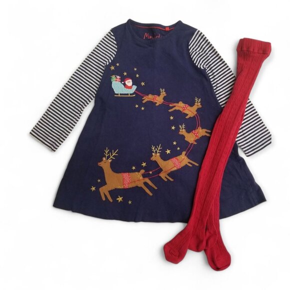 Mini Boden Santa Sleigh Reindeer dress & Knit Tight Outfit Bundle 5/6 Girls